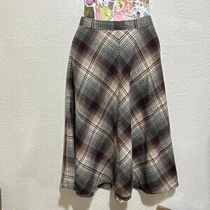 Vintage Union Made in USA Cottagecore Brown White Plaid A-Line Midi Skirt Sz XS